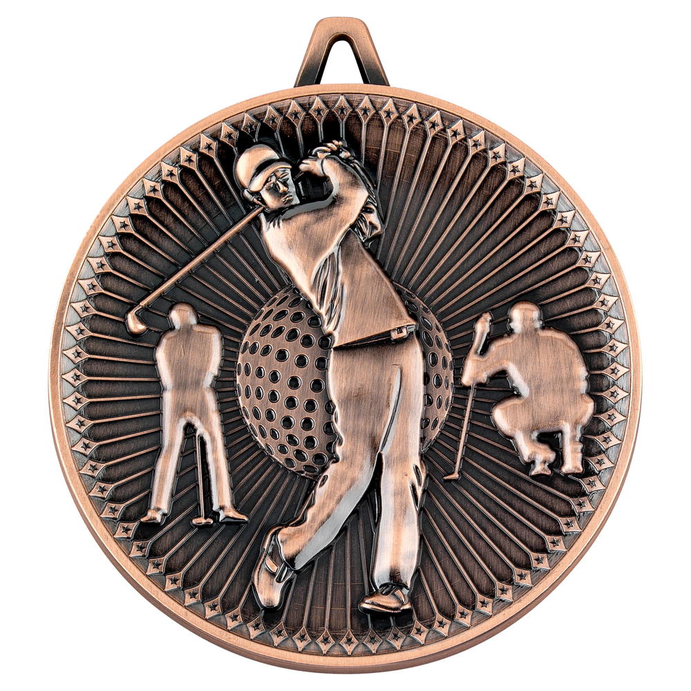 Golf medals in antique gold, silver and bronze. Ribbons and boxes.