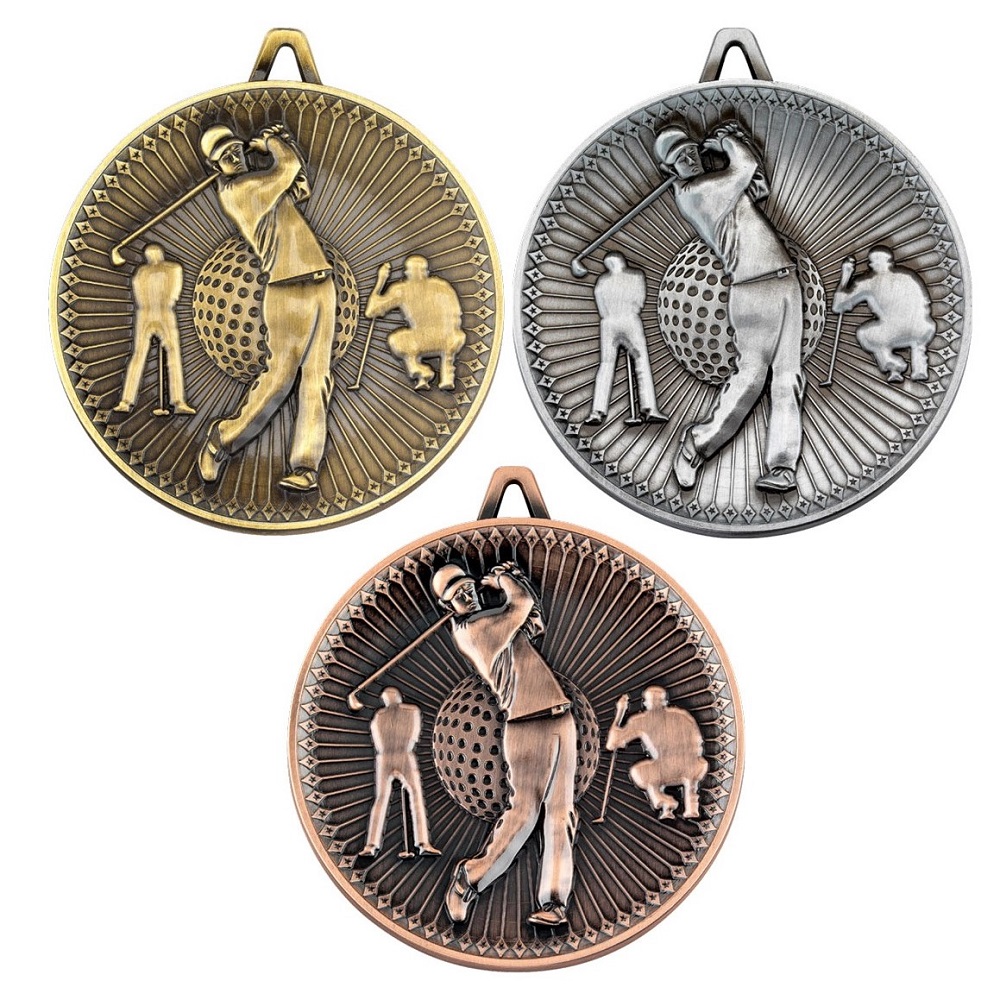 Golf medals in antique gold, silver and bronze. Ribbons and boxes.